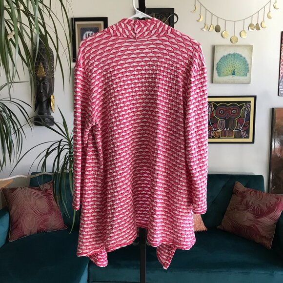 SOLE DIONE STUDIO size L Red & White Print Puckered Texture Draping Cardigan Top - Picture 4 of 4